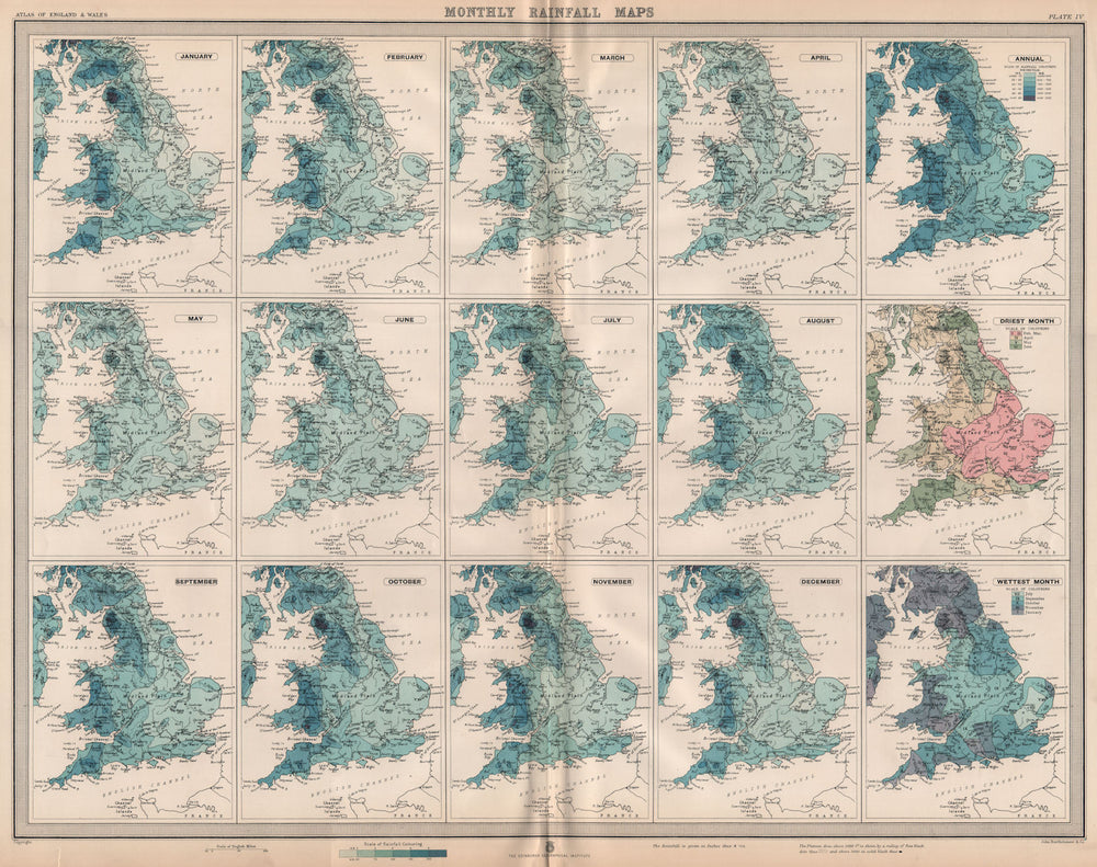 GREAT BRITAIN. England and Wales. Monthly & annual Rainfall. LARGE 1903 map