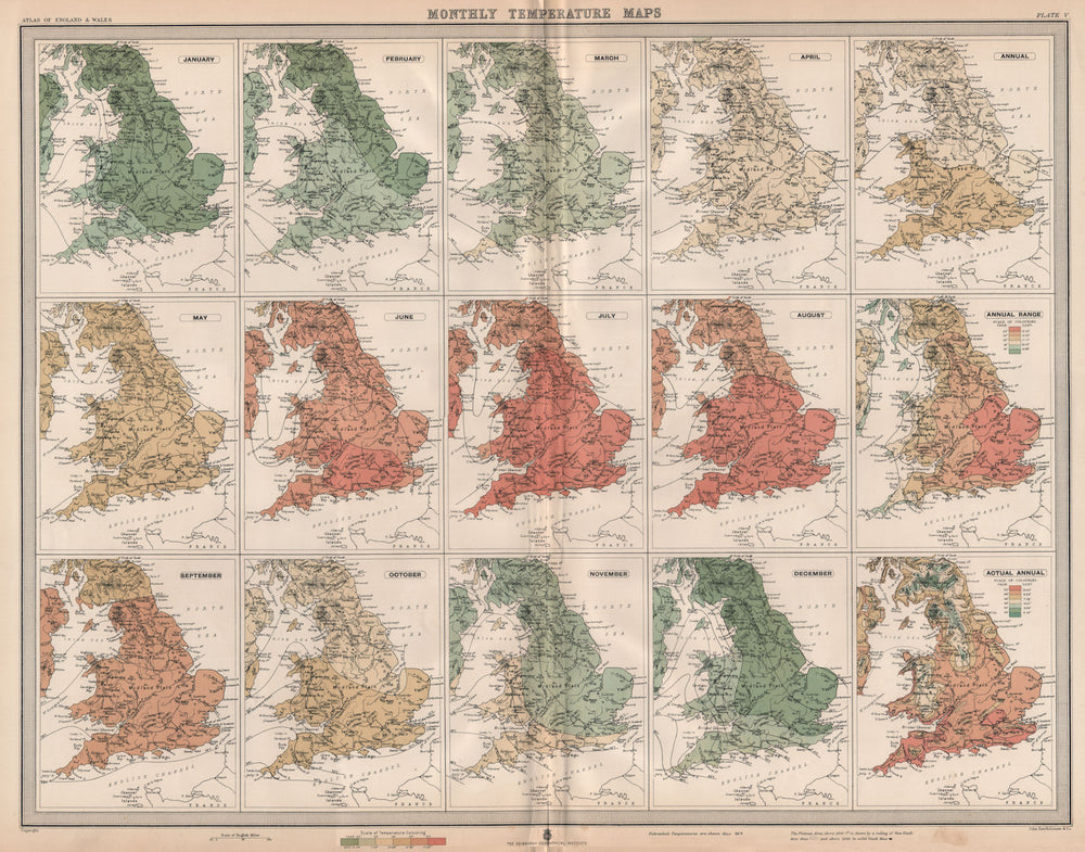 GREAT BRITAIN. England and Wales. Monthly & annual Temperatures. LARGE 1903 map