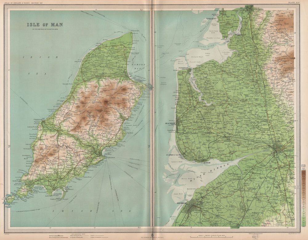 LANCASHIRE COAST/ISLE OF MAN. Preston Blackpool Lytham Lancaster. LARGE 1903 map
