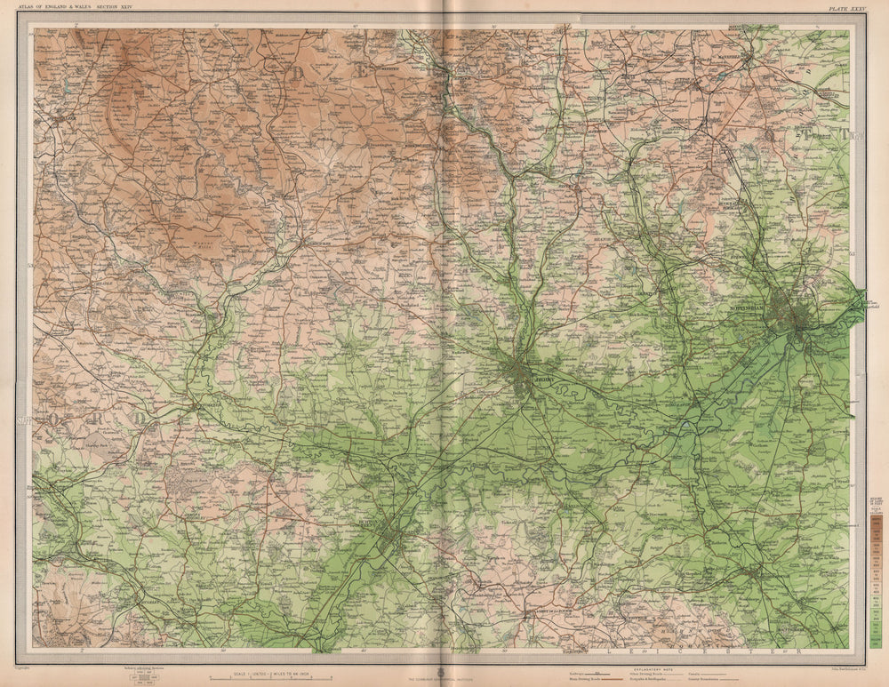 EAST MIDLANDS. Derby Nottingham Burton-on-Trent Peak District. LARGE 1903 map
