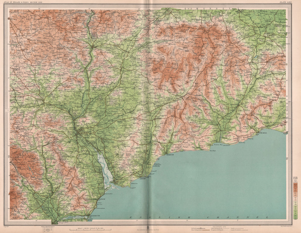 SOUTH DEVON. Exeter Honiton Tiverton Blackdown Hills Lyme Regis. LARGE 1903 map