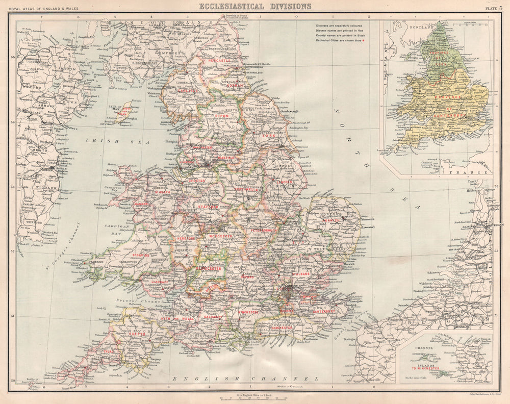 ENGLAND & WALES Ecclesiastical Divisions Dioceses Cathedral Cities 1898 map