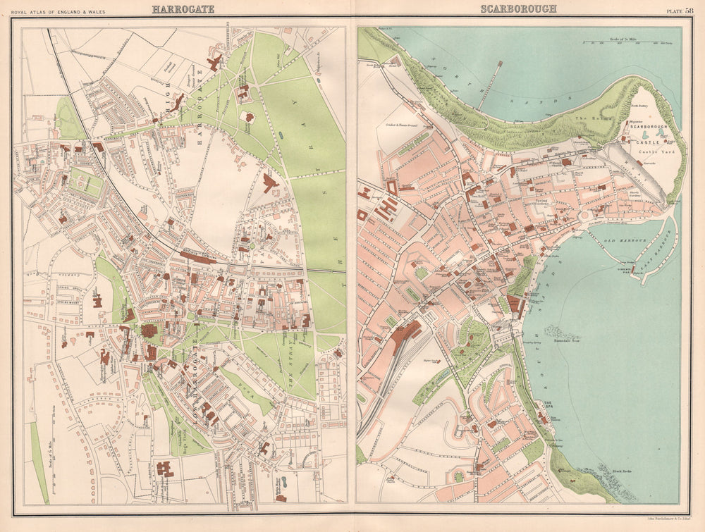 HARROGATE & SCARBOROUGH antique town city plans. BARTHOLOMEW 1898 old map