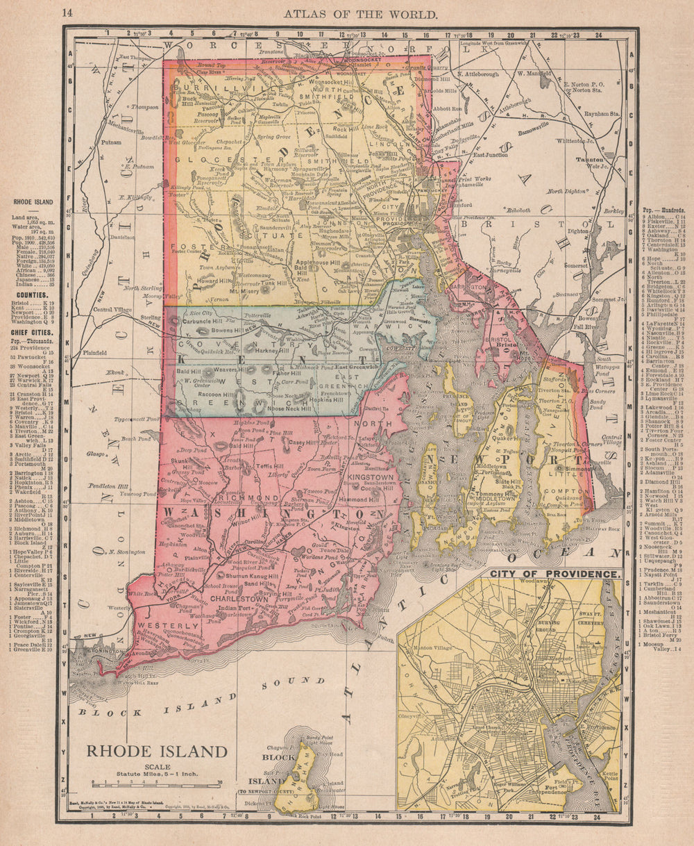 Rhode Island state map showing counties. Providence inset. RAND MCNALLY 1912
