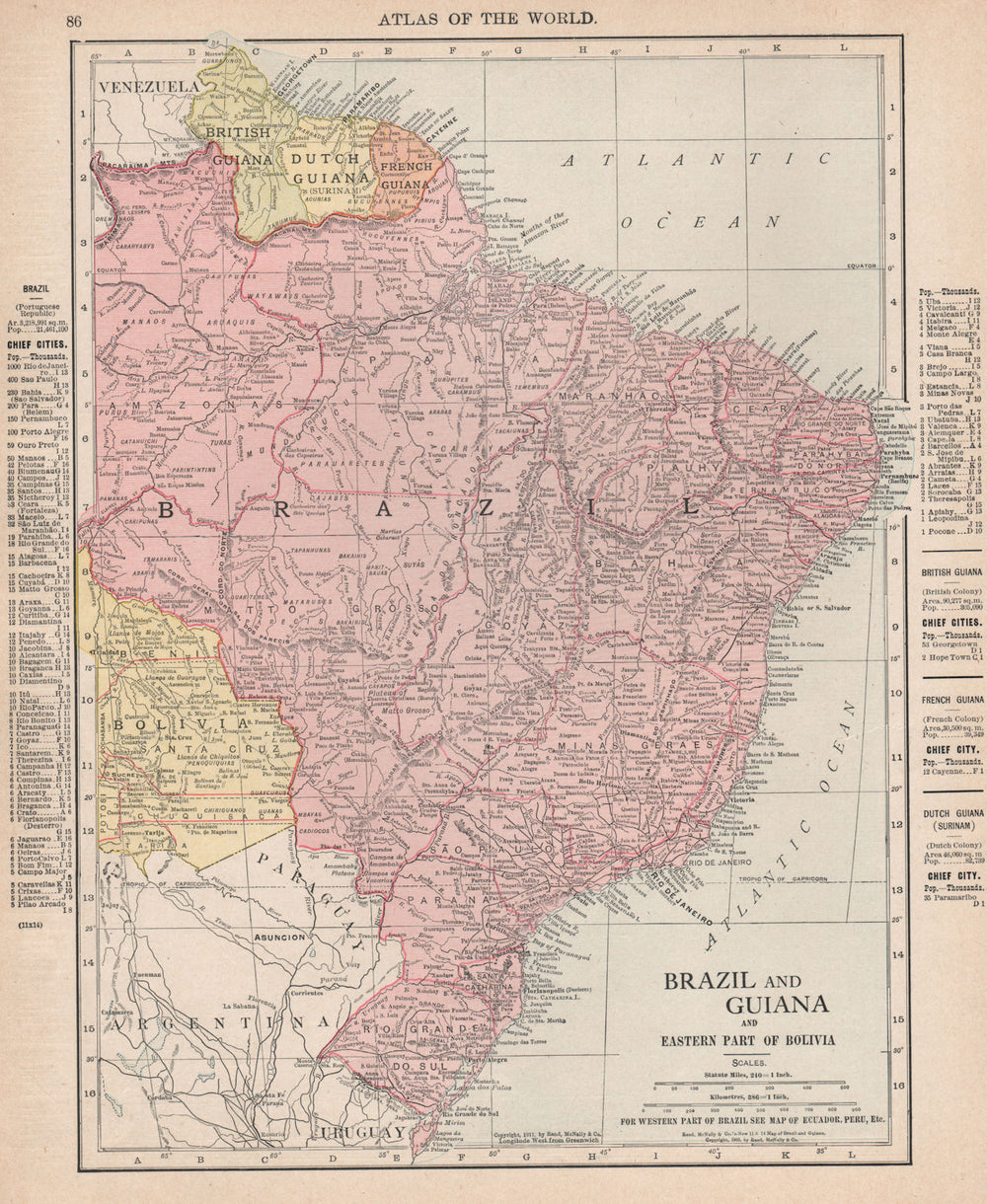 Brazil, the Guianas & eastern Bolivia. RAND MCNALLY 1912 old antique map chart