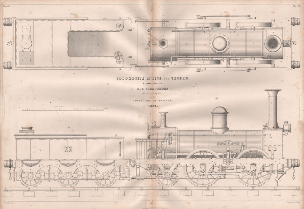 19C ENGINEERING DRAWING. Locomotive engine & tender. North British Railway 1847