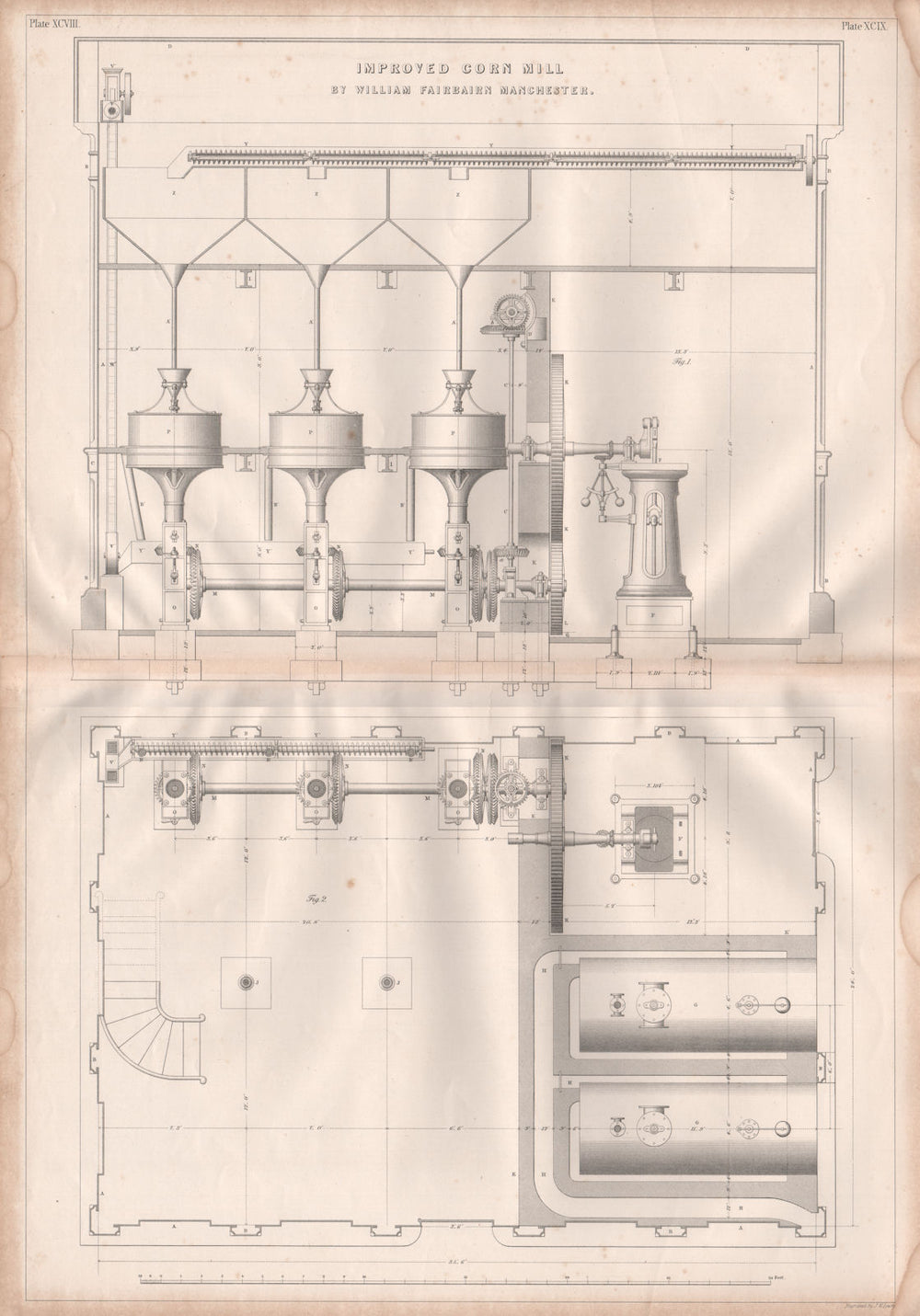 VICTORIAN ENGINEERING DRAWING. Improved corn mill by William Fairbairn (1) 1847