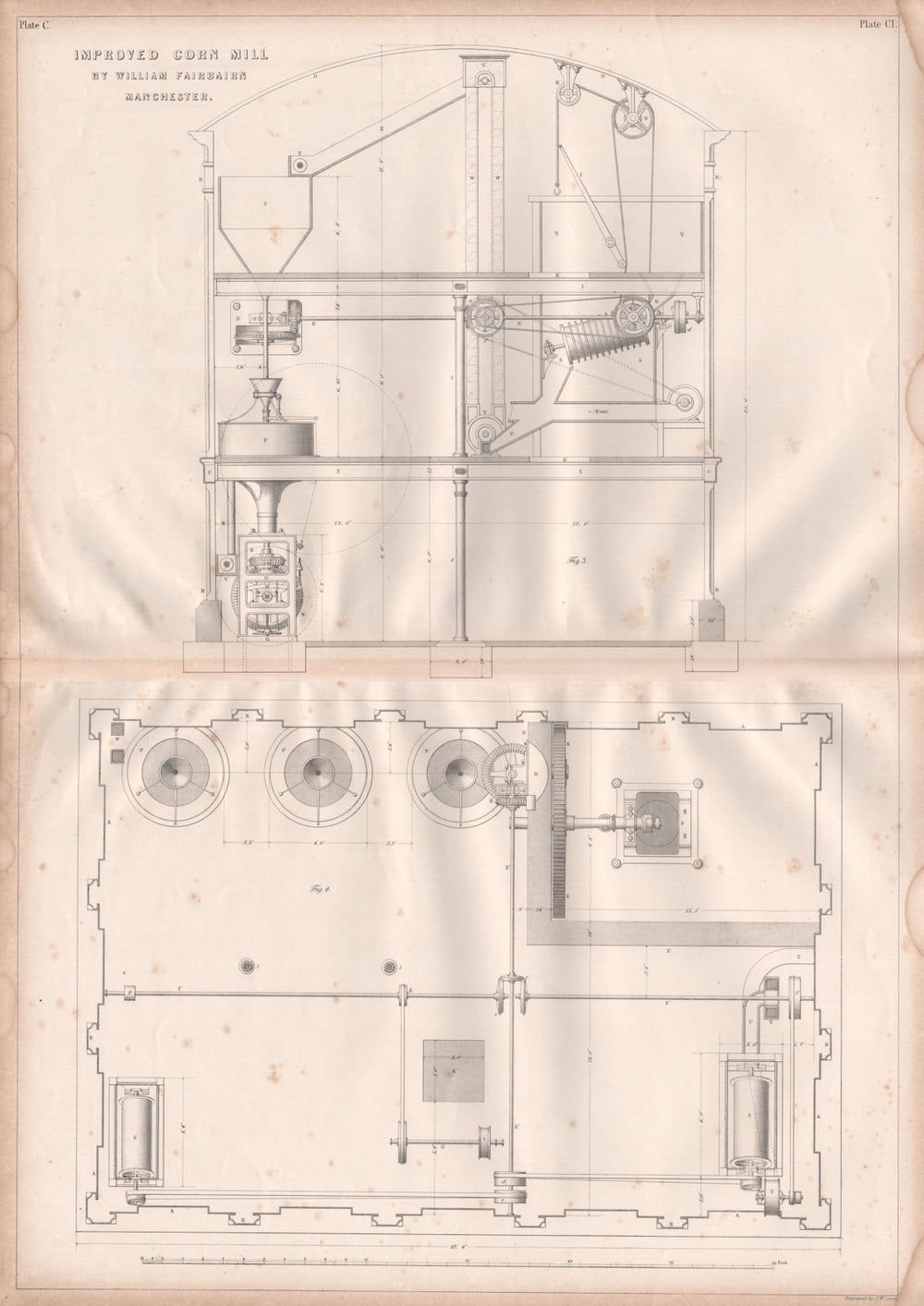 VICTORIAN ENGINEERING DRAWING. Improved corn mill by William Fairbairn (2) 1847