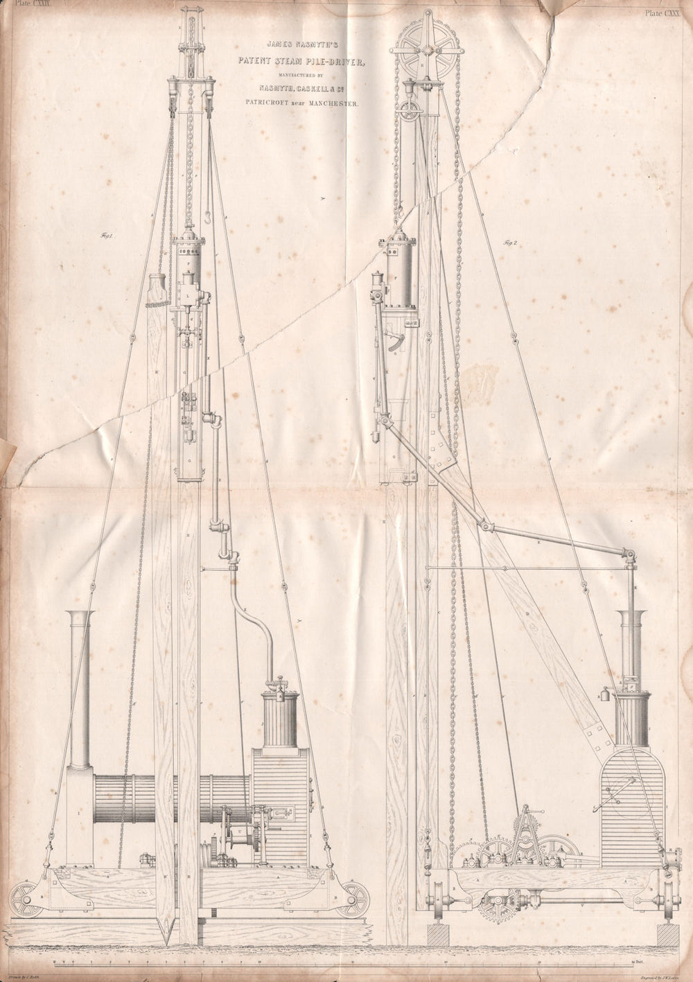 19C ENGINEERING DRAWING. James Nasmyth's patent steam pile-driver 1847 print