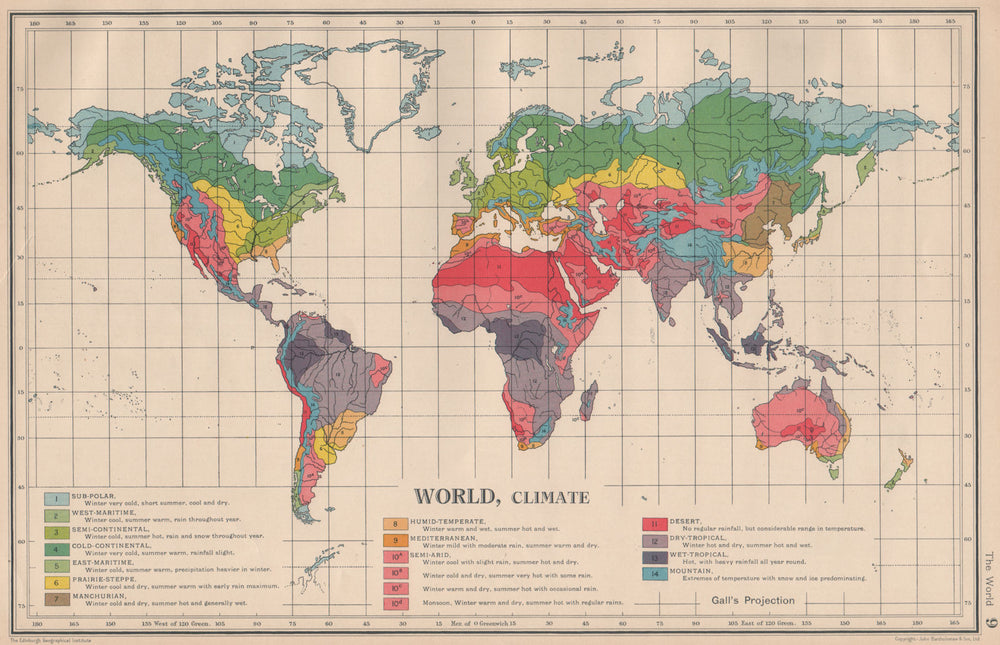 WORLD CLIMATE. maritime continental desert tropical &c. BARTHOLOMEW 1944 map