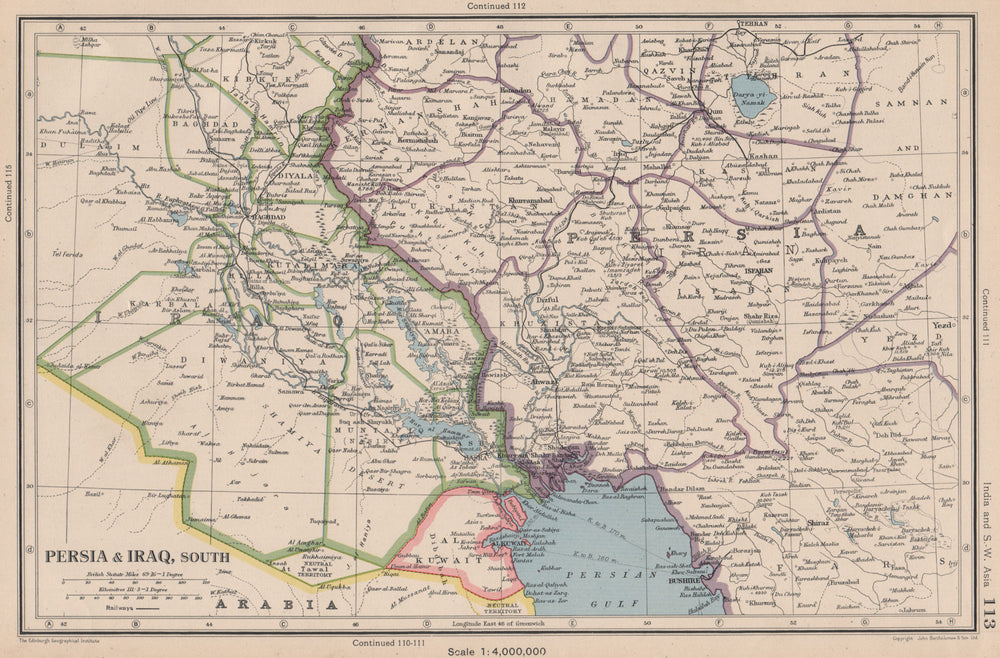 MIDDLE EAST. Persia(Iran)& Iraq south. Kuwait. Iraq/Saudi neutral zone 1944 map
