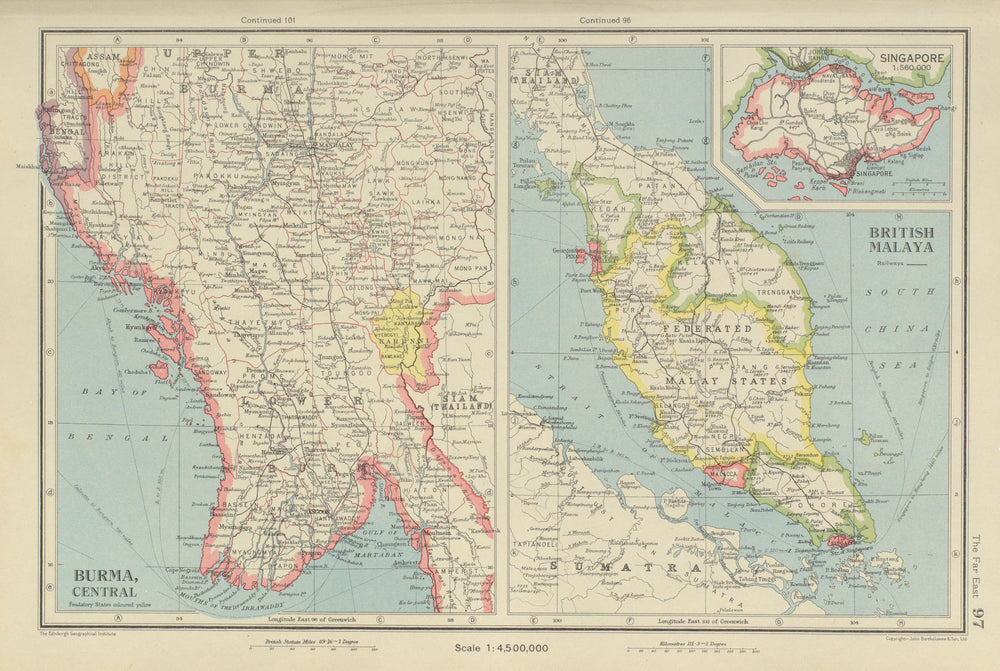 MALAYA & CENTRAL BURMA. Singapore Penang Malacca Federated Malay States 1947 map