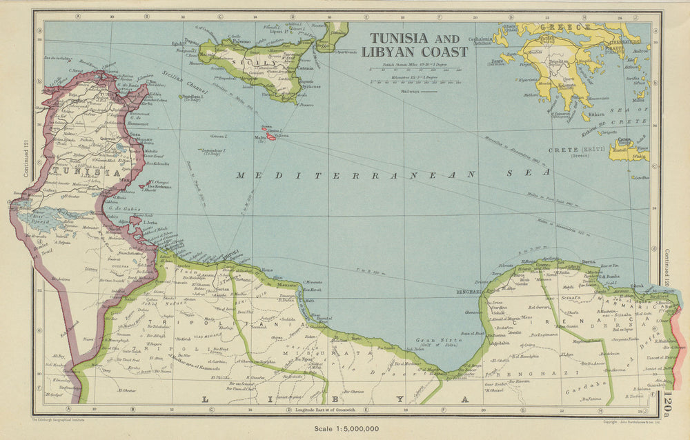 MEDITERRANEAN. Tunisia/Libyan coast. Sicily. Gulf of Sirte. BARTHOLOMEW 1947 map