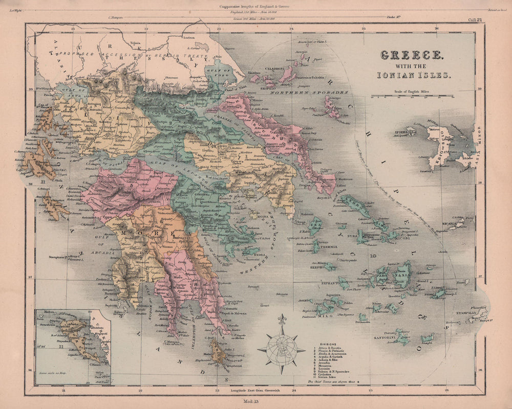 Greece, with the Ionian Isles. Cyclades Aegean Sporades. HUGHES 1876 old map