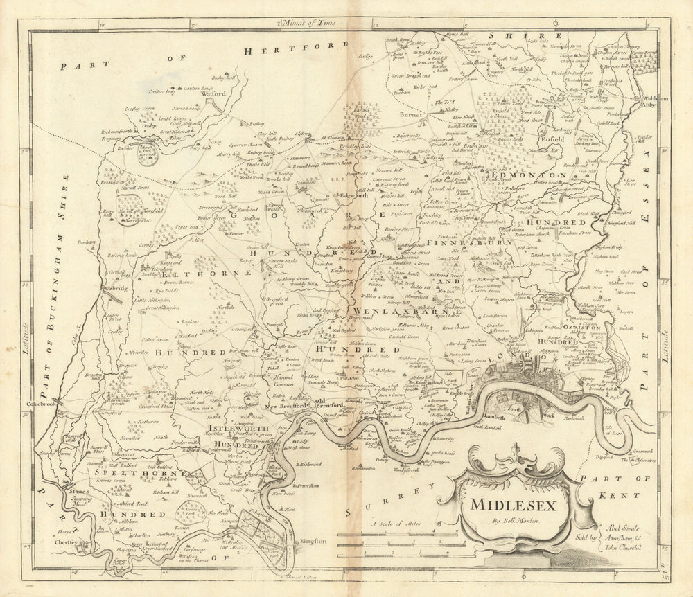 Middlesex. 'MIDLESEX' by ROBERT MORDEN.Present-day North & West London 1695 map