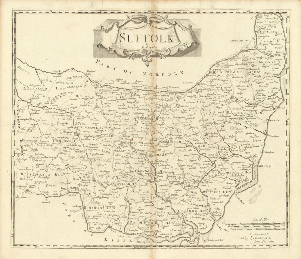 Suffolk by ROBERT MORDEN from Camden's Britannia 1695 old antique map chart