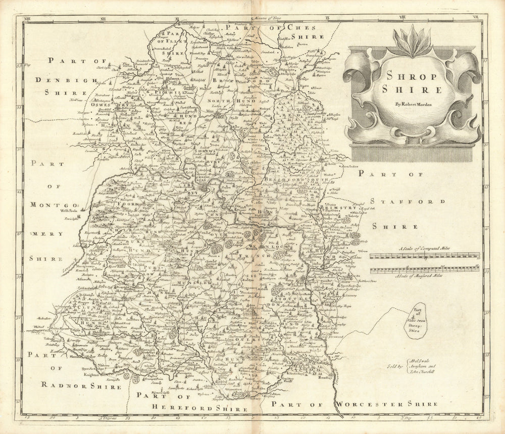 Shropshire. 'SHROP SHIRE' by ROBERT MORDEN from Camden's Britannia 1695 map