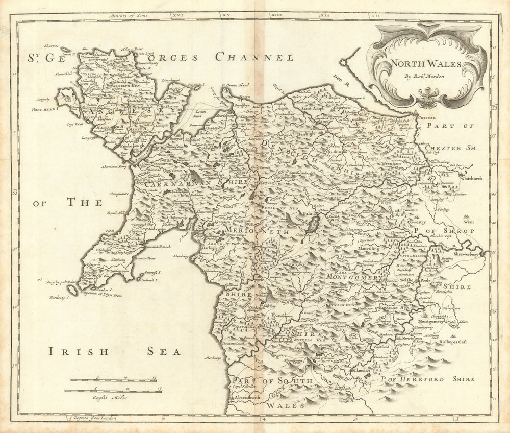 NORTH WALES by ROBERT MORDEN from Camden's Britannia 1695 old antique map