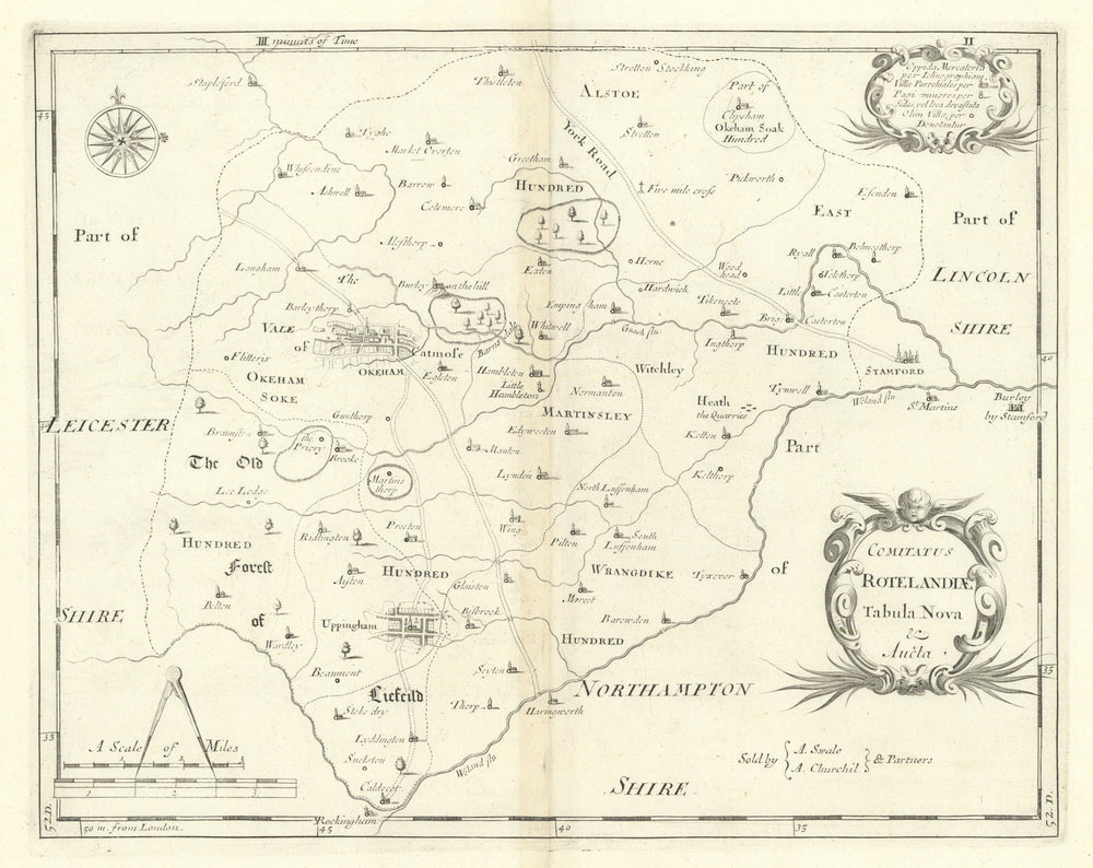 Rutland. 'COMITATUS ROTELANDIAE' by ROBERT MORDEN. Uppingham & Oakham 1722 map