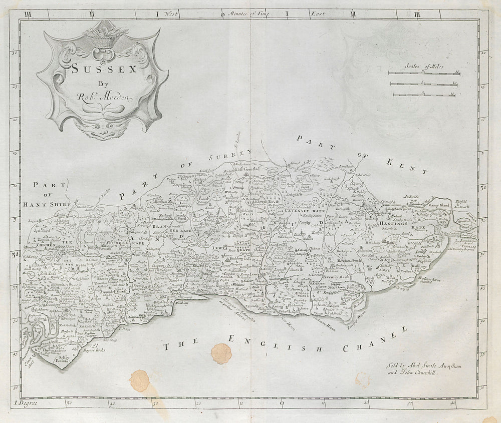 SUSSEX by ROBERT MORDEN from Camden's Britannia 1722 old antique map chart