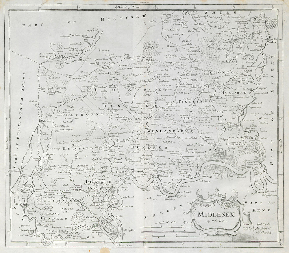 Middlesex. 'MIDLESEX' by ROBERT MORDEN.Present-day North & West London 1722 map