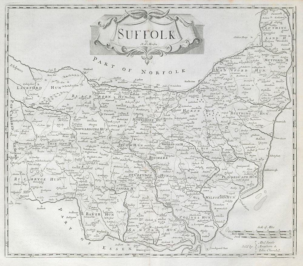 Suffolk by ROBERT MORDEN from Camden's Britannia 1722 old antique map chart