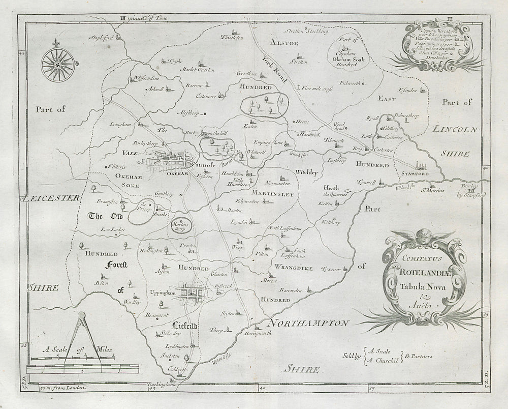 Rutland. 'COMITATUS ROTELANDIAE' by ROBERT MORDEN. Uppingham & Oakham 1722 map