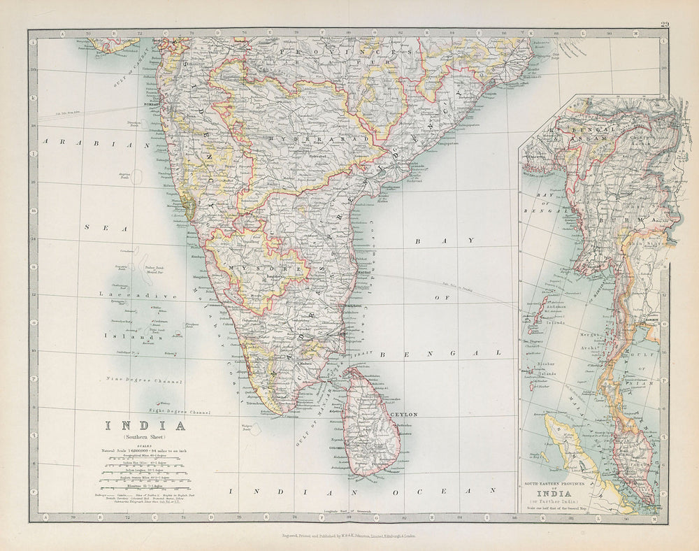 SOUTH BRITISH INDIA & BURMA with battlefields & dates. Ceylon. JOHNSTON 1915 map