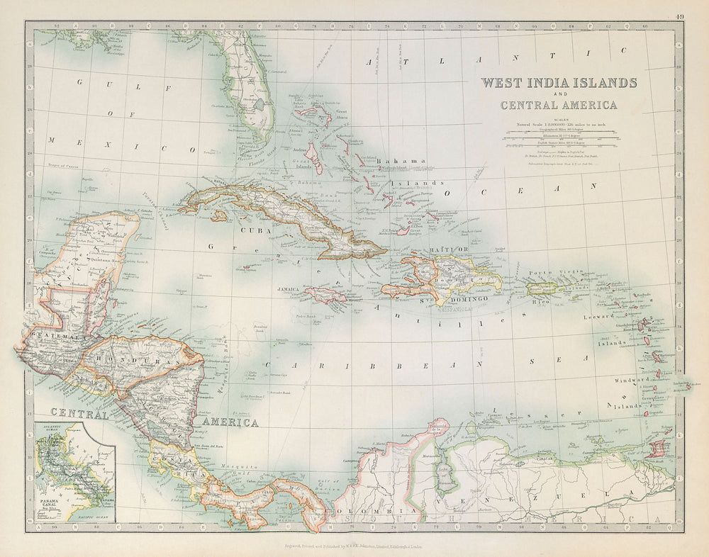 WEST INDIES/CARIBBEAN. Panama canal. Danish Virgin Islands. JOHNSTON 1915 map
