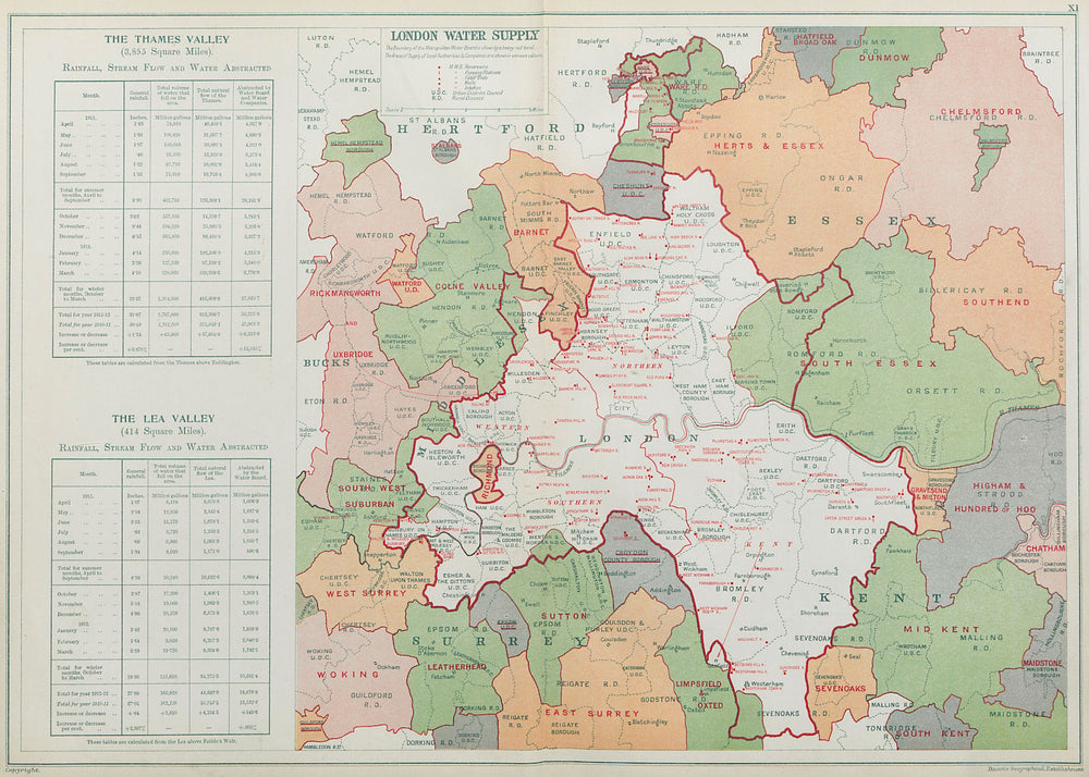 LONDON WATER SUPPLY. Metropolitan Water Board. Reservoirs Pumping Stns 1920 map