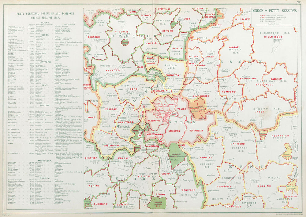 LONDON PETTY SESSIONS/sessional boroughs/divisions. Law. Courts. BACON 1920 map