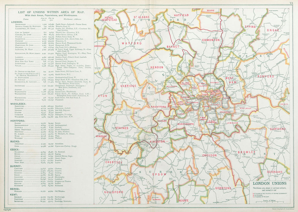 LONDON POOR LAW UNIONS. Workhouses. Populations. BACON 1920 old antique map