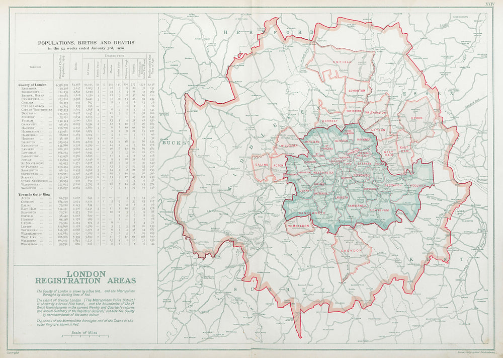 LONDON POPULATION, BIRTHS & DEATHS for 1926. County of London. BACON 1920 map