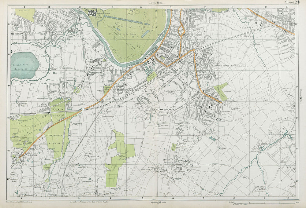 SURBITON & ESHER Hampton Court East Molesey Thames Ditton Hook. BACON  1920 map