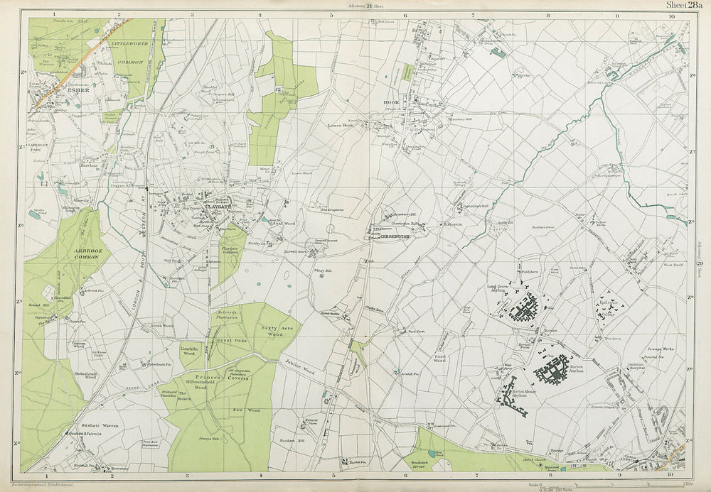 ESHER/EWELL Epsom Claygate Oxshott Hook Chessington Hinchley Wood.BACON 1920 map