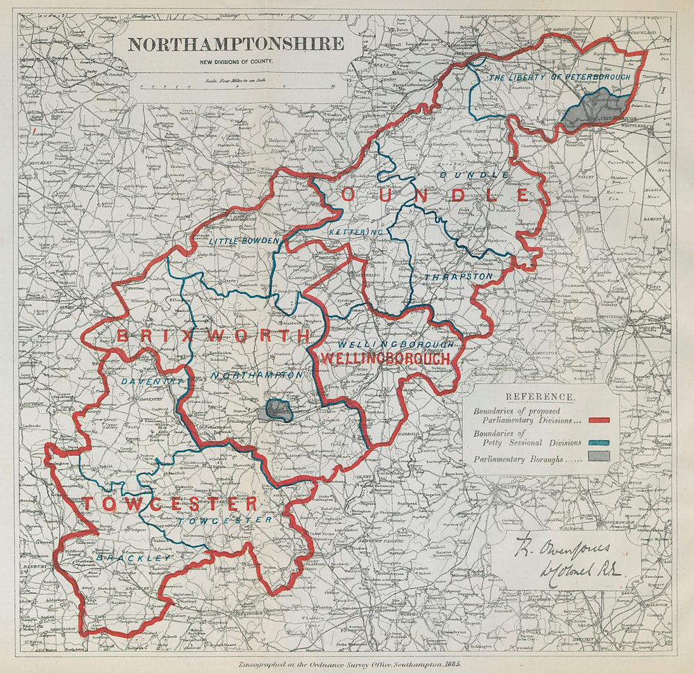 Northamptonshire Parliamentary Divisions. Oundle. BOUNDARY COMMISSION 1885 map