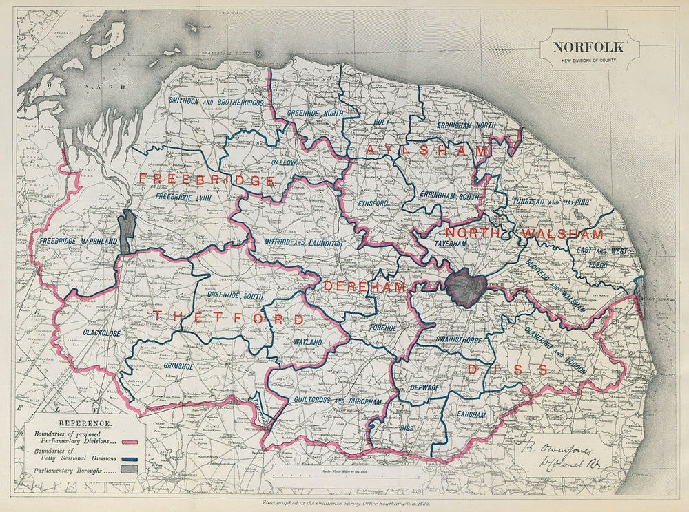 Norfolk Parliamentary Divisions. Thetford Diss. BOUNDARY COMMISSION 1885 map