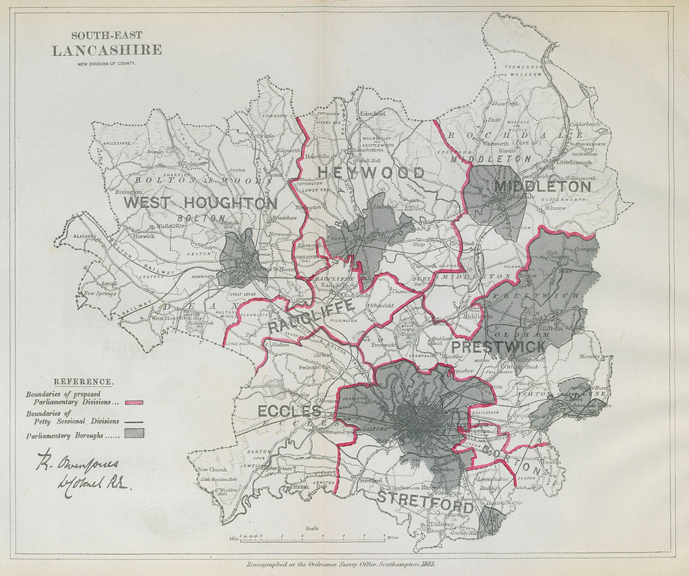 South East Lancashire Parliamentary Divisions. BOUNDARY COMMISSION 1885 map