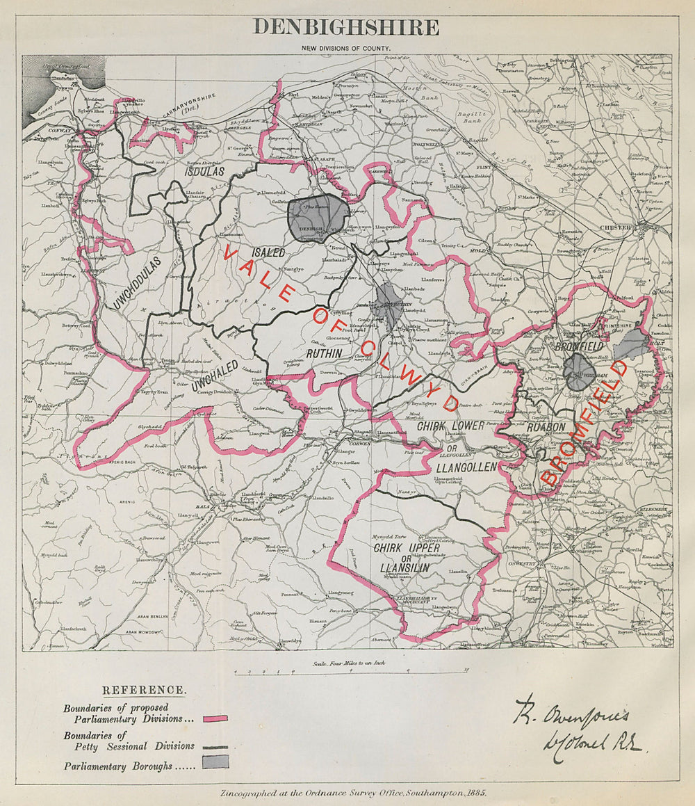 Denbighshire Parliamentary Divisions. Clwyd. BOUNDARY COMMISSION 1885 old map