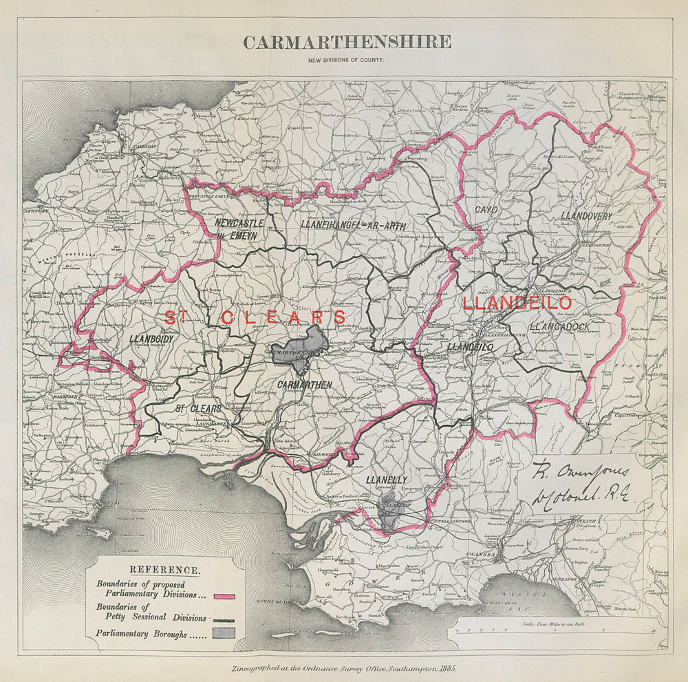 Carmarthenshire Parliamentary Divisions. Llandeilo. BOUNDARY COMMISSION 1885 map