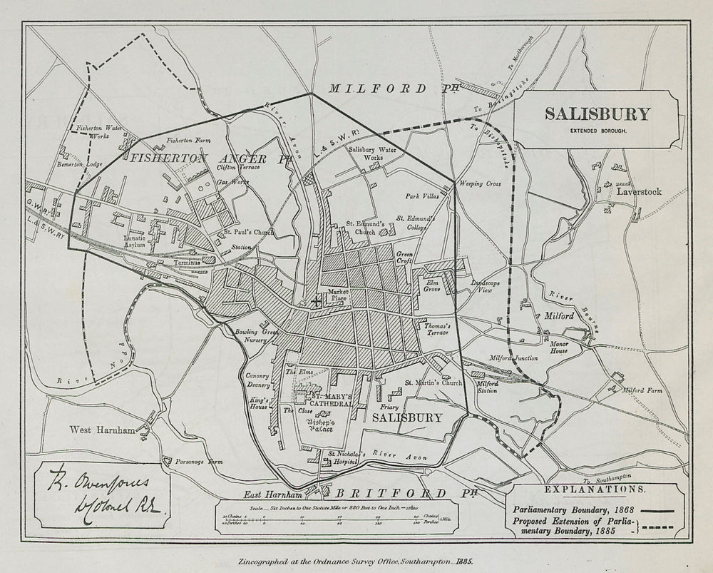 Salisbury Parliamentary Borough. Fisherton Anger. BOUNDARY COMMISSION 1885 map
