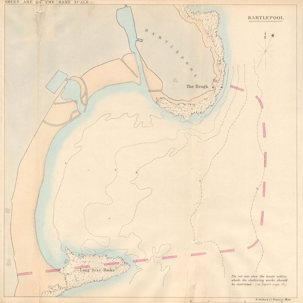 Hartlepool Bay showing the proposed breakwater. Durham 1859 old antique map
