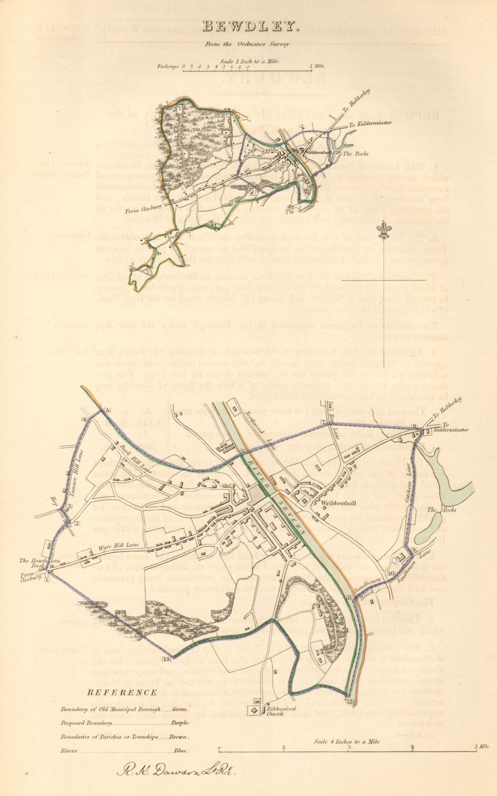 BEWDLEY borough/town plan. BOUNDARY COMMISSION. Worcestershire. DAWSON 1837 map