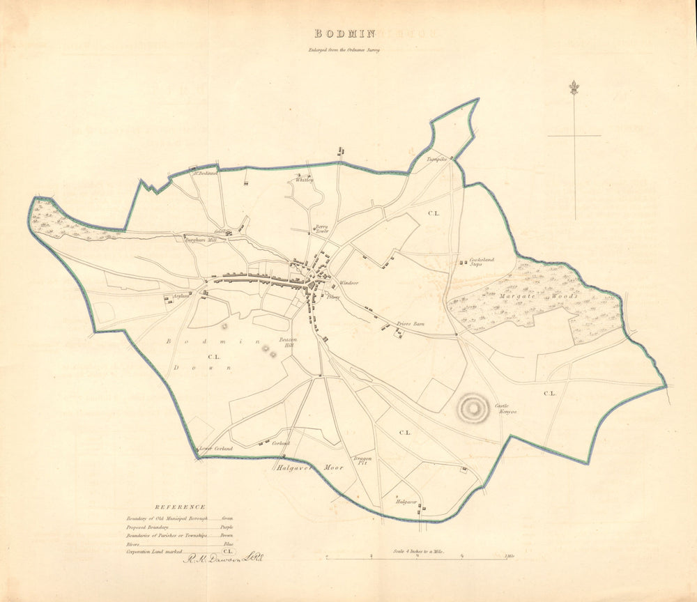 BODMIN borough/town plan. BOUNDARY COMMISSION. Cornwall. DAWSON 1837 old map