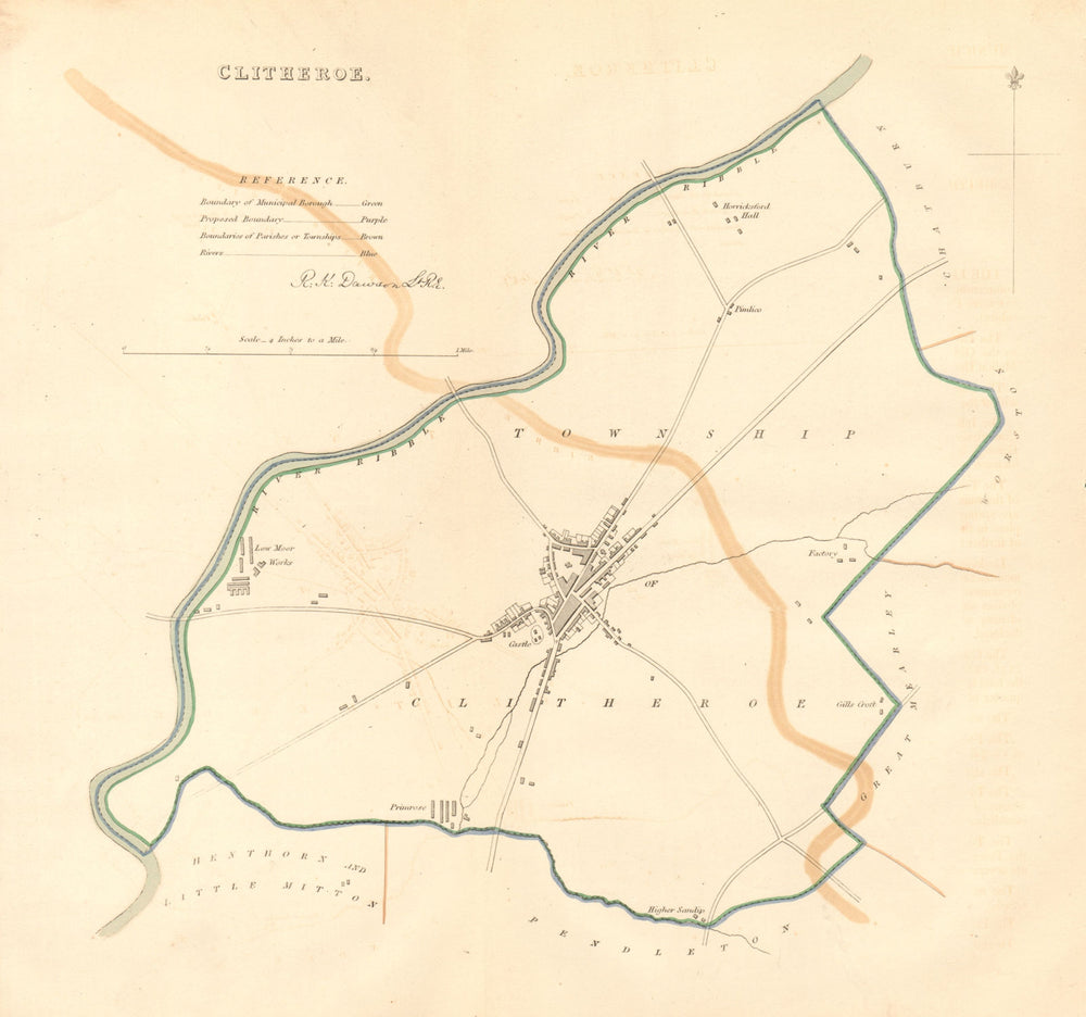 CLITHEROE town/borough plan. BOUNDARY COMMISSION. Lancashire. DAWSON 1837 map
