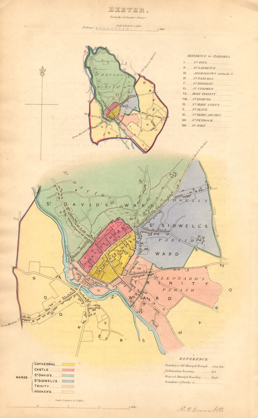 EXETER borough/town/city plan. BOUNDARY COMMISSION. Devon. DAWSON 1837 old map