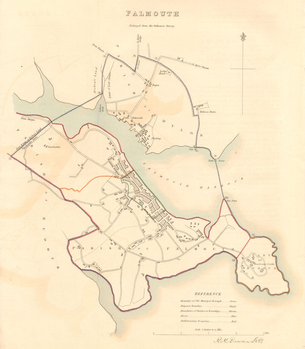 FALMOUTH borough/town plan. BOUNDARY COMMISSION. Cornwall. DAWSON 1837 old map