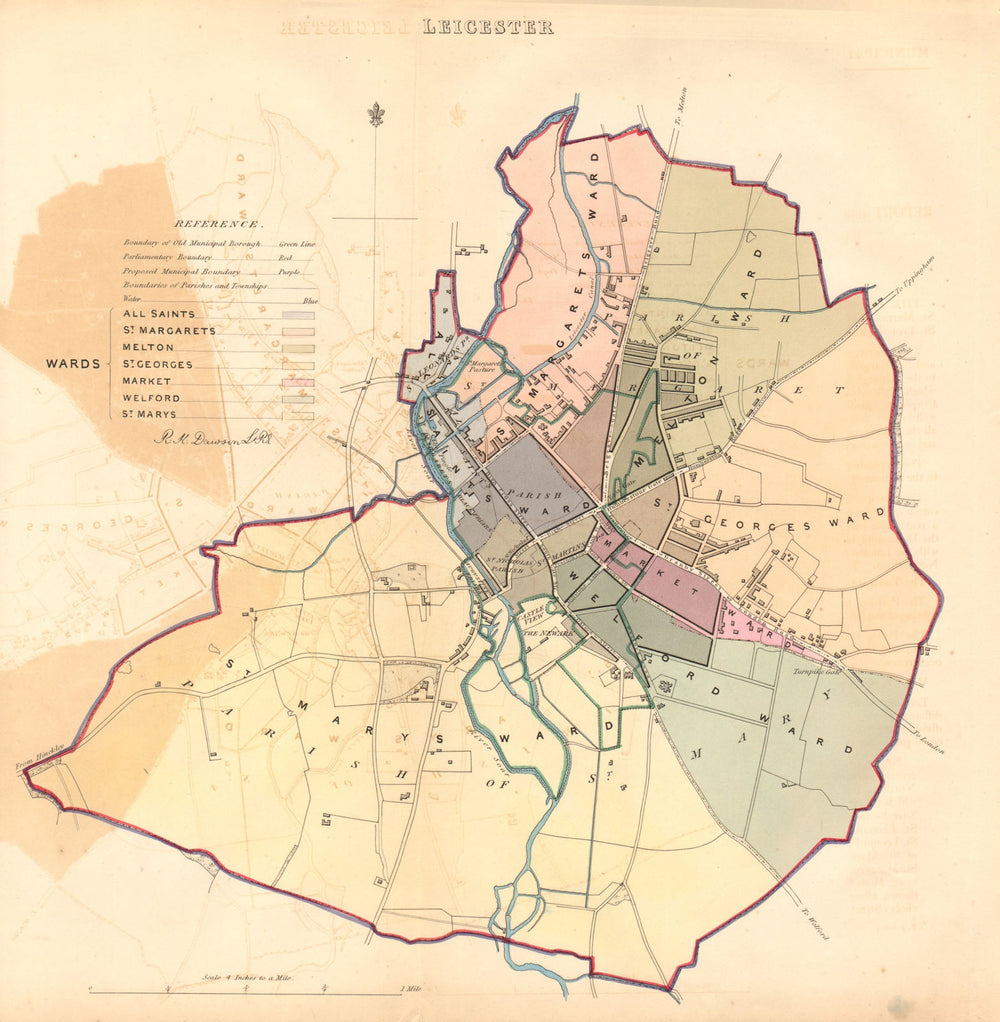LEICESTER borough/town/city plan. BOUNDARY COMMISSION. DAWSON 1837 old map