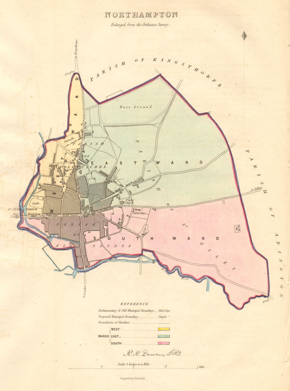 NORTHAMPTON borough/town/city plan & Wards. BOUNDARY COMMISSION. DAWSON 1837 map