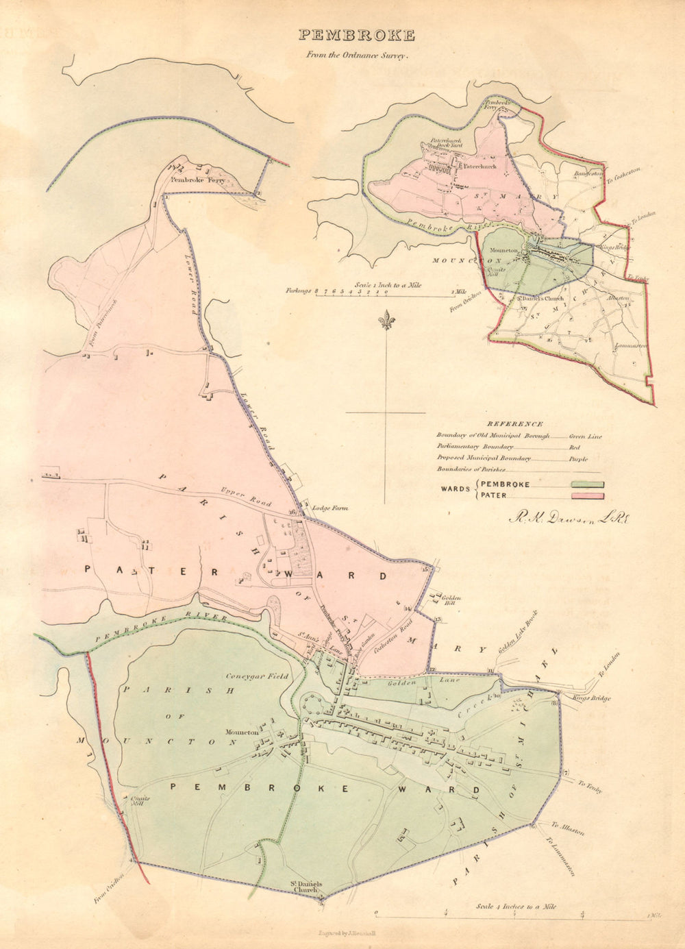 PEMBROKE borough/town plan. BOUNDARY COMMISSION. Wales. DAWSON 1837 old map